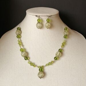 Artisan Necklace Earrings Set Green Acrylic Beads Silver Spacers Wire